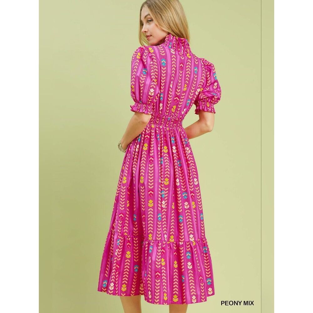 Umgee Peony Mix Fuchsia Printed Puff-Sleeve Midi Dress sz Small - Picture 2 of 5